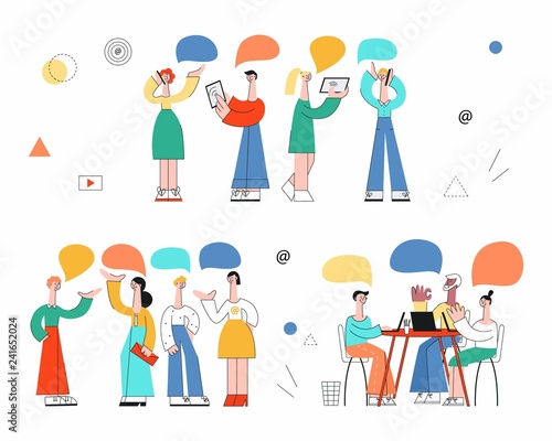 Vector stylized male, female colleagues discussing working process, business projects gesticulating with empty speech bubbles above heads holding devices, sitting at table set. Women, men at meeting