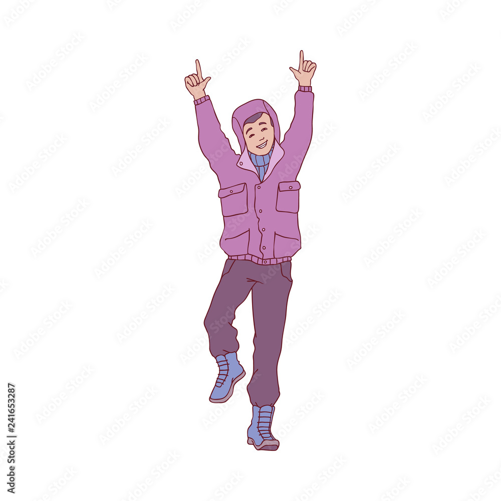 Vector sketch cheerful young man in warm winter or autumn clothing - jacket with hood and boots having fun laughing jumping outdoors. Male character with positive emotions Vector sketch cheerful young man in warm winter or autumn clothing - jacket with hood and boots having fun laughing jumping outdoors. Male character with positive emotions