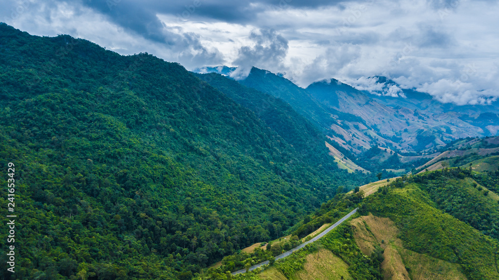 Beautiful skyline on the hill, sky road over top of Mountain, Curve road from Pua District to Boklua District Beautiful skyline on the hill, sky road over top of Mountain, Curve road from Pua District to Boklua District