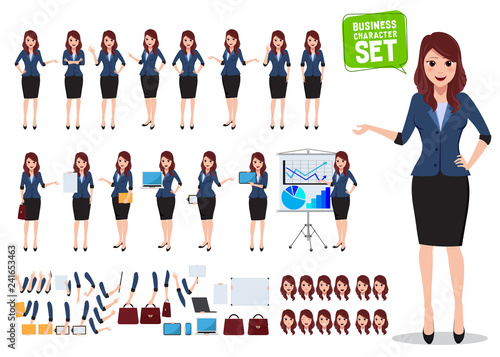 Female business character vector set. Office woman talking with various poses and hand gestures for business presentation isolated in white. Vector illustration.