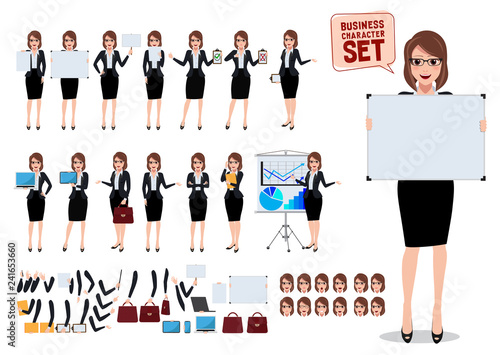 Female business characters set with young office woman holding blank white board and placard in various pose and gesture for business presentation and design elements. Vector illustration.