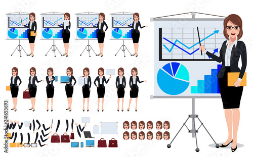 Female business characters set with young woman talking and showing business presentation chart in white board with various pose and gestures. Vector illustration.