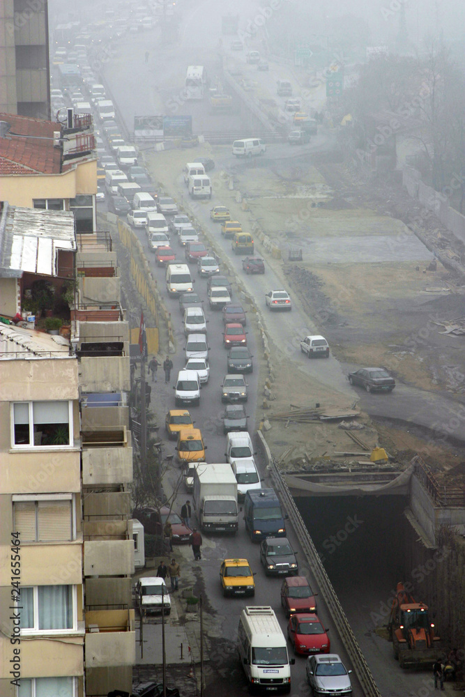 Traffic jam and road construction in Besiktas District at foggy day in Istanbul, Turkey.