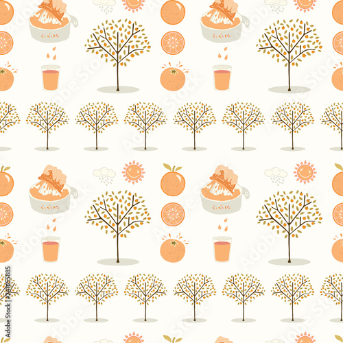 Vector orange tree grove. Hand drawn seamless vector pattern illustration.  Organic garden with juicy oranges, citrus fruit and freshly squeezed juice for growing produce farm backdrop.