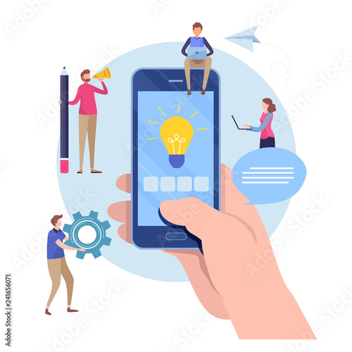 Developer create application. Mobile app development. Flat cartoon miniature  illustration vector graphic on white background.