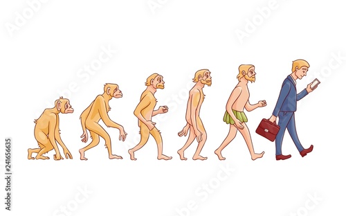 Vector evolution concept with ape to man growth process with monkey, caveman to businessman in suit holding suitcase using smartphone. Mankind development, darwin theory