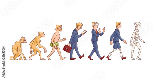 Vector evolution concept with ape to cyborg and robots growth process with monkey, caveman to businessman in suit, artificial legs person and robotic creature. Mankind development