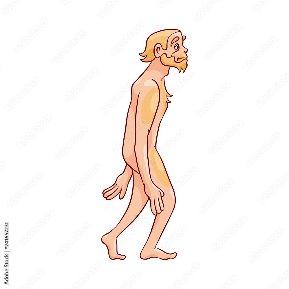Vector illustration of neanderthal man walking isolated on white background - hand drawn side view of archaic human. Ancient primitive man with short legs and long hands. Vector illustration of neanderthal man walking isolated on white background - hand drawn side view of archaic human. Ancient primitive man with short legs and long hands.