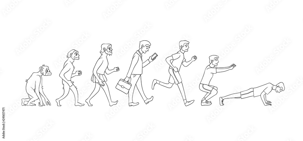 Vector evolution concept with ape to man growth process with monkey, caveman to businessman in suit and to sportsman working out. Mankind development, darwin theory