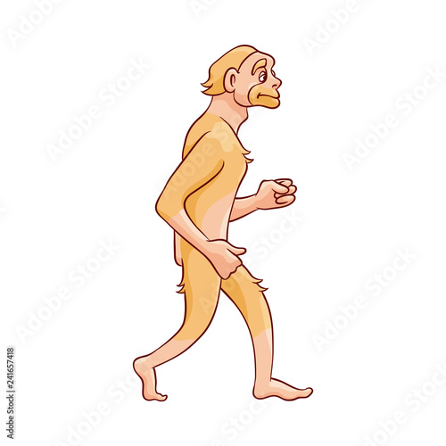 Vector sketch neanderthal ape-like caveman walking. Prehistory barbarian, ancient primitive homo male character. Isolated illustration