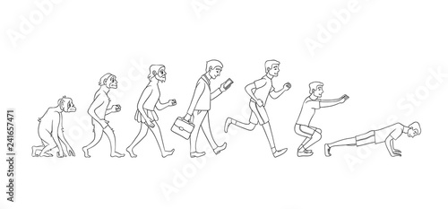 Vector evolution concept with ape to man growth process with monkey, caveman to businessman in suit and to sportsman working out. Mankind development, darwin theory