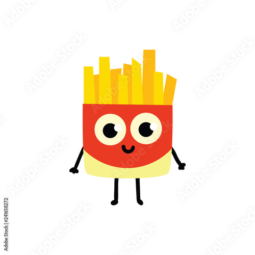 vector cute potato fry, french fries character, humanized fastfood object with face, arms and legs smiling for kids restaurant menu. Isolated illustration