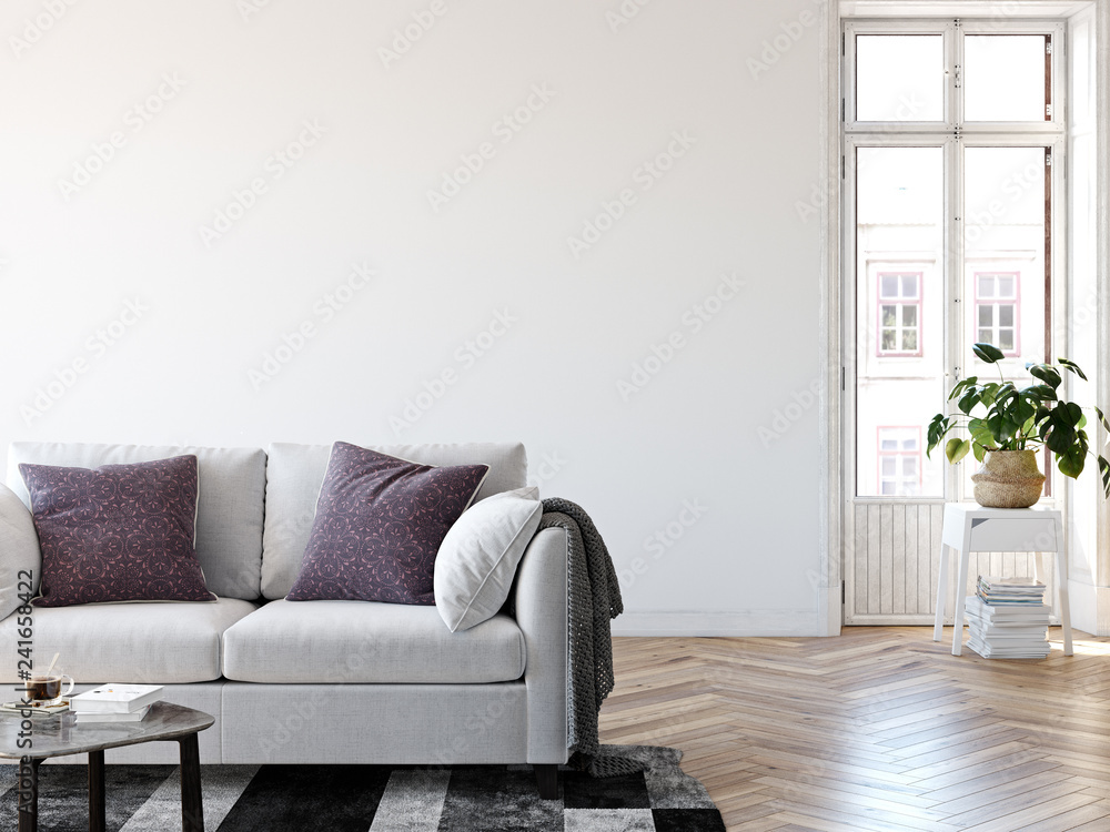Fototapeta premium Living room interior. Wall mockup. Wall art. 3d rendering, 3d illustration.