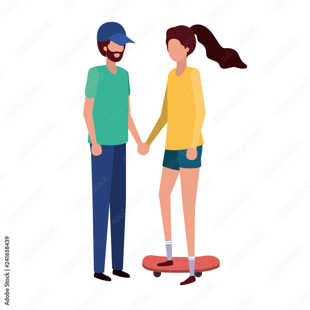 young couple with skateboard avatar character