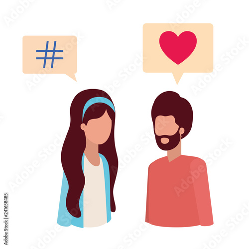 young couple with speech bubble avatar character