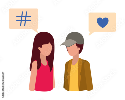 young couple with speech bubble avatar character