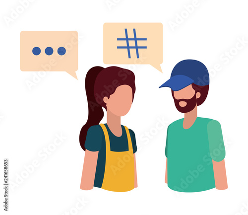 young couple with speech bubble avatar character