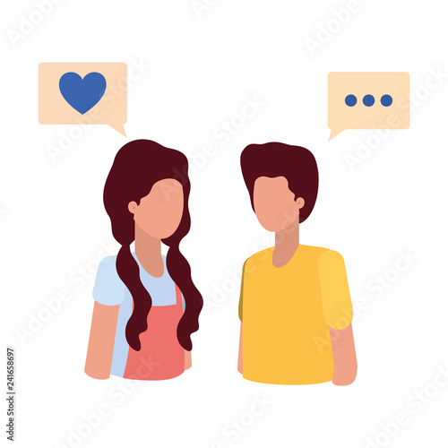 young couple with speech bubble avatar character