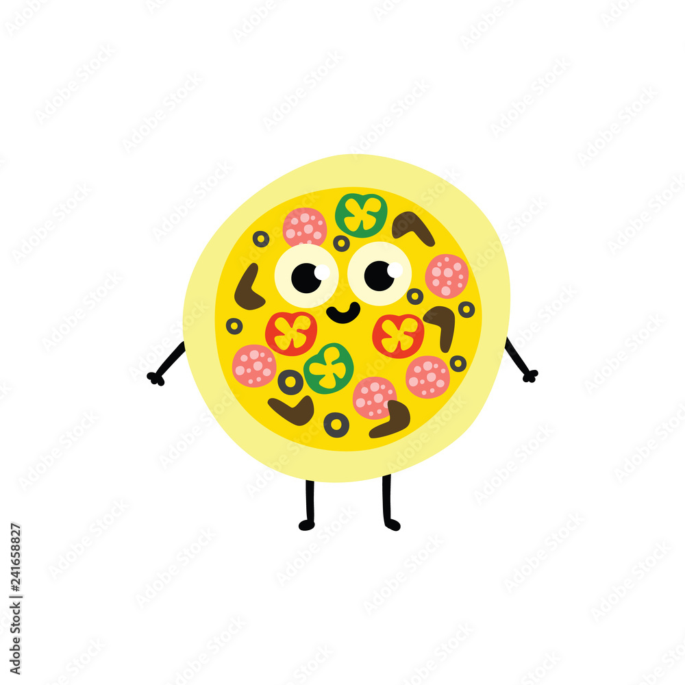 Vector illustration of whole pizza cartoon character in flat style