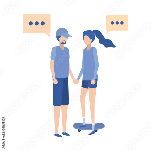 young couple with speech bubble avatar character