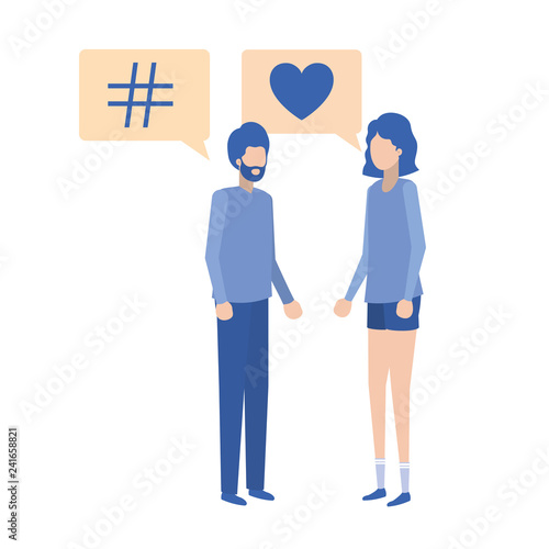young couple with speech bubble avatar character