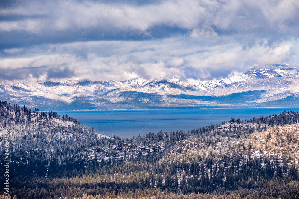 Aerial view of Lake Tahoe on a stormy day, Sierra mountains, California