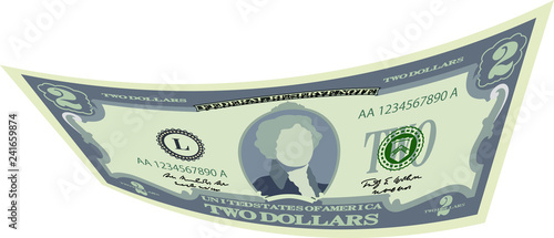Deformed 2 US dollar banknote