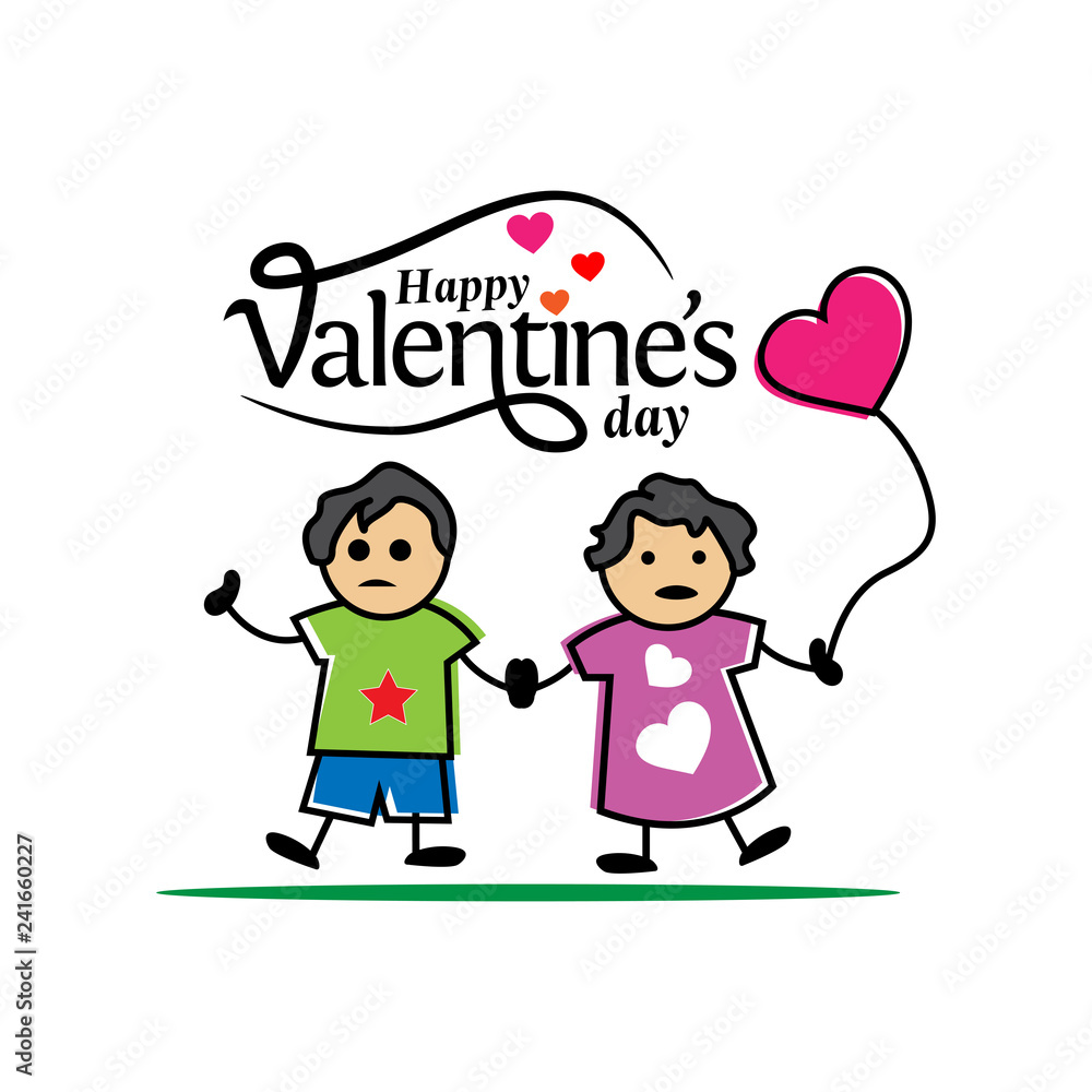 Happy Valentines day card with two children on the white background. Vector illustration Happy Valentines day card with two children on the white background. Vector illustration