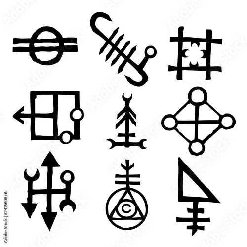 Set of written symbols and letters inspired by magical inscriptions and symbols isolated on background. Old manuscript alphabet. Vector.