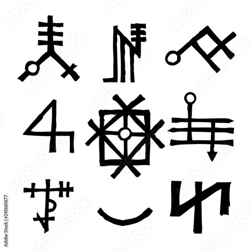 Set of Old Norse Scandinavian runes imaginary version. Runic alphabet symbols, futhark. Inspired by ancient occult symbols, vikings letters and runes. Vector.