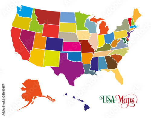 Map of The United States of America (USA) with Colorful States Illustration on White Background