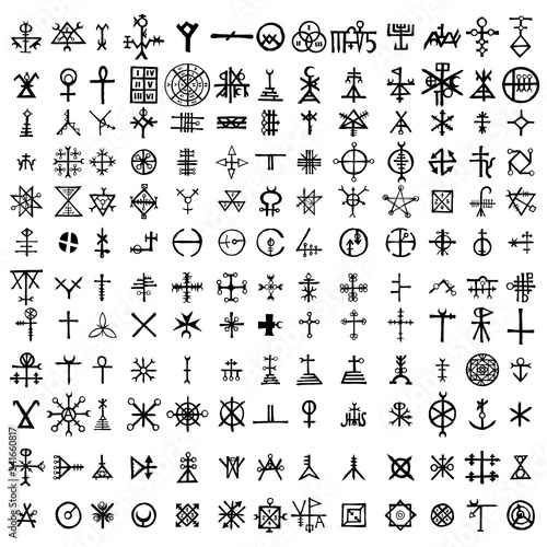 Big set of esoteric symbol design elements. Imaginary handwritten alchemy signs, space, spirituality, inspired by mysticism, freemasonry, astrology. Vector .