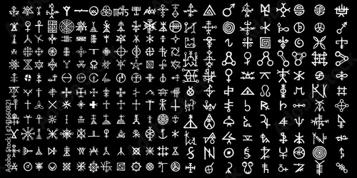 Big set of esoteric symbol and alphabet on the theme of mysticism and magic. Inspired by super natural religion and the occultism. Medieval Masonic imaginary manuscript with letters sketches. Vector.