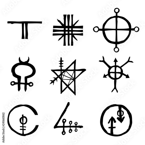 Set of icons and symbols letters inspired on the theme of magic and witch craft occult alchemy, mystic, esoteric religion and mason, isolated. Flesh tattoo ideas. Vector.