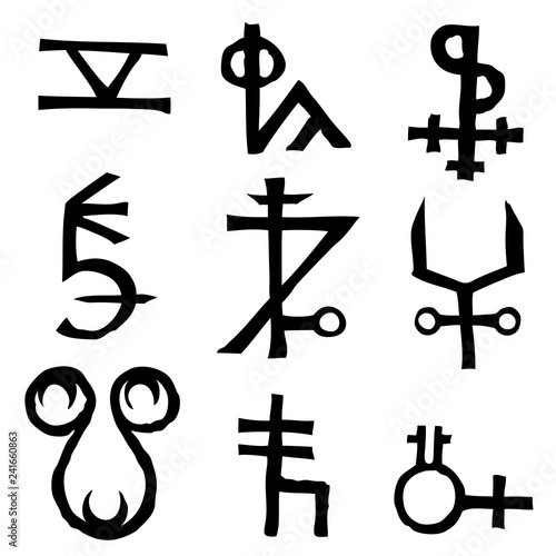 Set of written symbols and letters inspired by magical inscriptions and symbols isolated on background. Old manuscript alphabet. Vector.