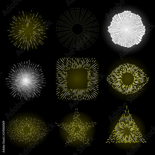 Gold halo angel ring set in shape of fire circle made of flakes. Isolated on black background. Holy golden nimbus circle aureole, saint symbol. Tattoo reference. Vector.