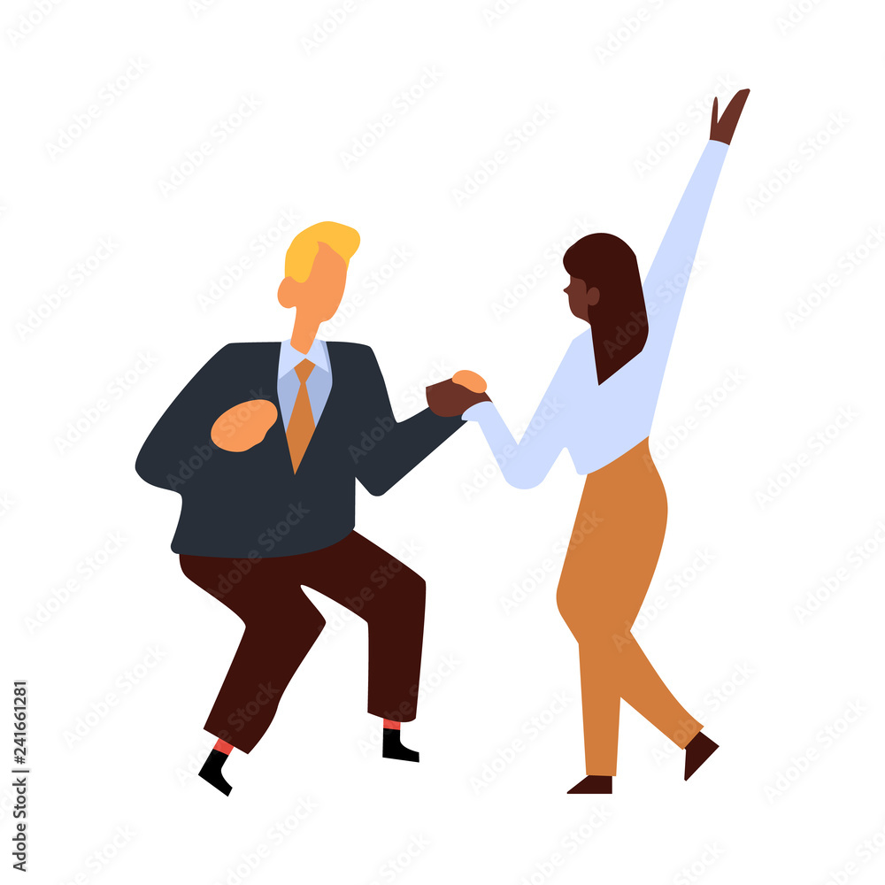 Vector flat funny woman, man in suit having fun at corporate party dancing holding hands. Business people goes wild at birthday, corporate or christmas party Stock Vector | Adobe Stock Vector flat funny woman, man in suit having fun at corporate party dancing holding hands. Business people goes wild at birthday, corporate or christmas party Stock Vector | Adobe Stock
