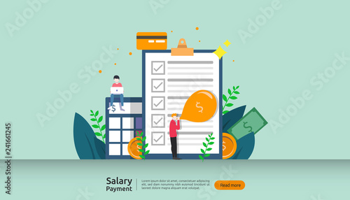 salary payment concept. Payroll, annual bonus, income, payout with paper calculator and people character. web landing page template, banner, presentation, social, and print media. Vector illustration