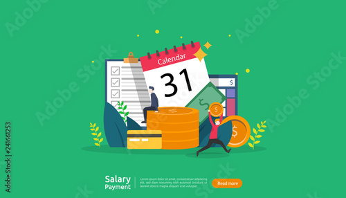 salary payment concept. Payroll, annual bonus, income, payout with paper calculator and people character. web landing page template, banner, presentation, social, and print media. Vector illustration