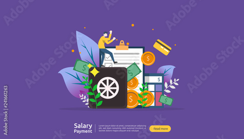 salary payment concept. Payroll, annual bonus, income, payout with paper calculator and people character. web landing page template, banner, presentation, social, and print media. Vector illustration