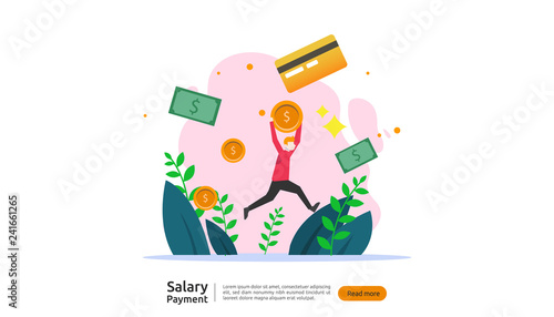 salary payment concept. Payroll, annual bonus, income, payout with paper calculator and people character. web landing page template, banner, presentation, social, and print media. Vector illustration