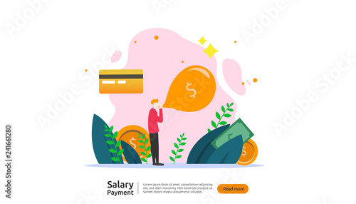 salary payment concept. Payroll, annual bonus, income, payout with paper calculator and people character. web landing page template, banner, presentation, social, and print media. Vector illustration