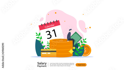 salary payment concept. Payroll, annual bonus, income, payout with paper calculator and people character. web landing page template, banner, presentation, social, and print media. Vector illustration