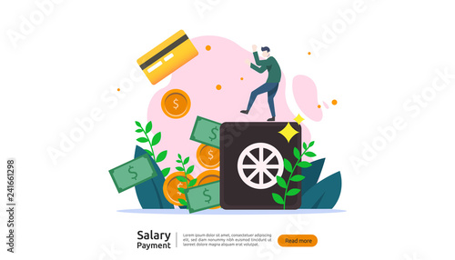 salary payment concept. Payroll, annual bonus, income, payout with paper calculator and people character. web landing page template, banner, presentation, social, and print media. Vector illustration