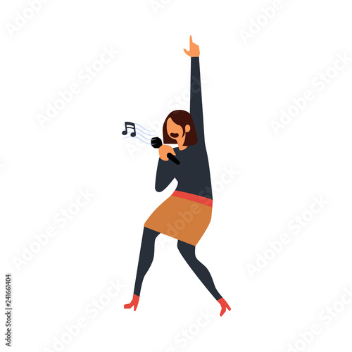 Vector flat funny woman in formal clothing having fun at corporate party singing song in microphone in karaoke. Businesswoman goes wild at birthday, corporate or christmas party