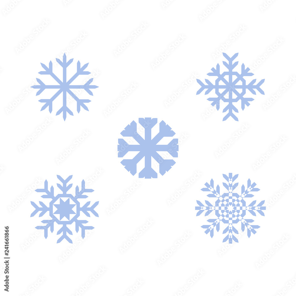 Fototapeta premium Flat blue snowflake set icon. Winter snow symbol for christmas, new year holidays celebration decoration design. Seasonal ice ornament element, traditional xmas sign. Vector illustration