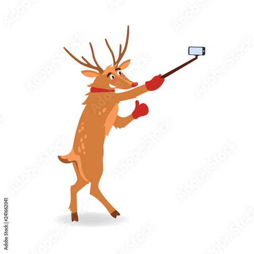 vector cute christmas reindeer making selfie by smartphone with stick. Funny winter character having fun. Merry christmas, xmas holiday design isolated flat illustration