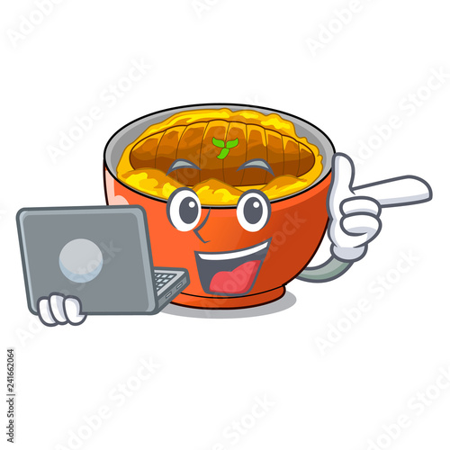With laptop katsudon cartoon is ready to eaten