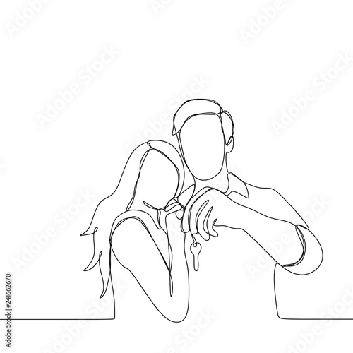 continuous line drawing of couple holding a key looks happy after purchase house or home - Vector illustration