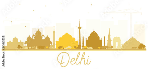 India City Skyline Silhouette with Golden Buildings Isolated on White.